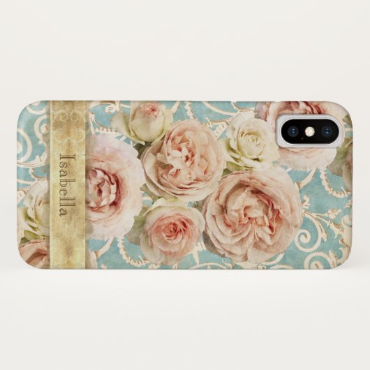 Heirloom-Rose mit Damask Personalisiert Case-Mate iPhone Hülle (Rückseite (Horizontal))
