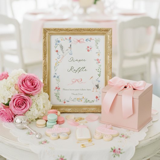 Heirloom Rose & Ribbon Stork Diaper Raffle Poster
