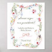 Heirloom Rose & Ribbon Stork Sign Our Guestbook  Poster (Vorne)