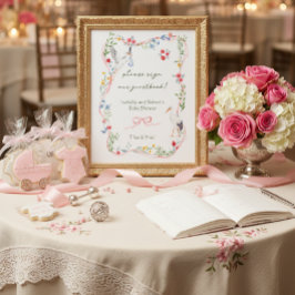 Heirloom Rose & Ribbon Stork Sign Our Guestbook  Poster