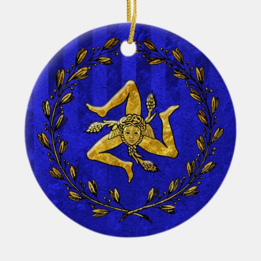 Heirloom sizilianisches Trinacria Goldblauer Keramik Ornament (Vorne)