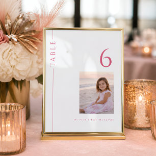 Heiß rosa Bat Mitzvah-Tischnummer mit Foto Einladung