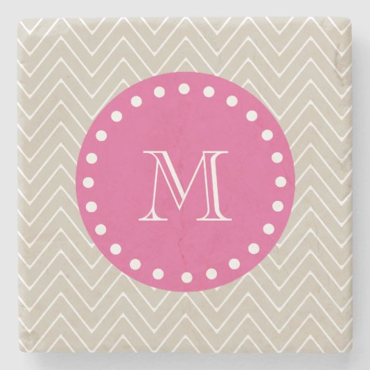 Heiß rosa, Beige Zickzack | Ihr Monogramm Steinuntersetzer (Vorderseite)