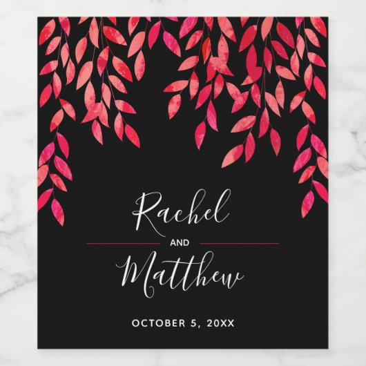 Heiß rosa Blätter und Reben auf schwarz Weinetikett (Einzelnes Label)