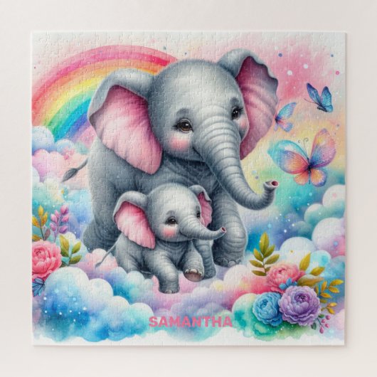 Heiß rosa Blume niedlicher Elefant und Mami Puzzle (Vertikal)