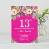 Heiß rosa Blüte Einladung zum 13. Geburtstag (Stehend Vorderseite)