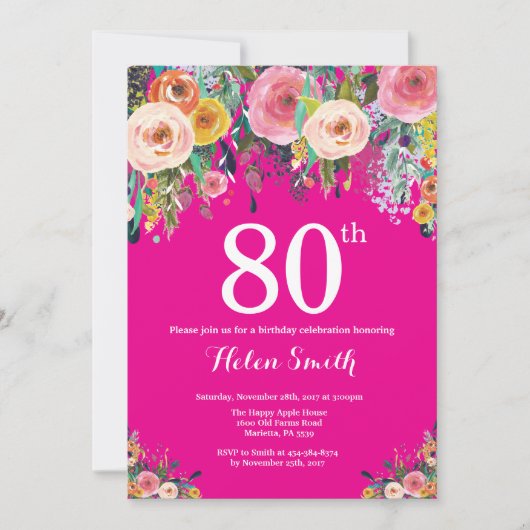Heiß rosa Flora 80. Geburtstag Einladung (Vorderseite)