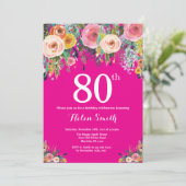Heiß rosa Flora 80. Geburtstag Einladung (Stehend Vorderseite)