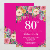 Heiß rosa Flora 80. Geburtstag Einladung (Vorne/Hinten)