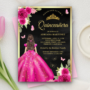 Heiß Rosa Florale Butterfly Schwarz Gold Quinceane Einladung