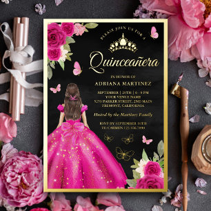 Heiß Rosa Florale Butterfly Schwarze Quinceanera G Folieneinladung