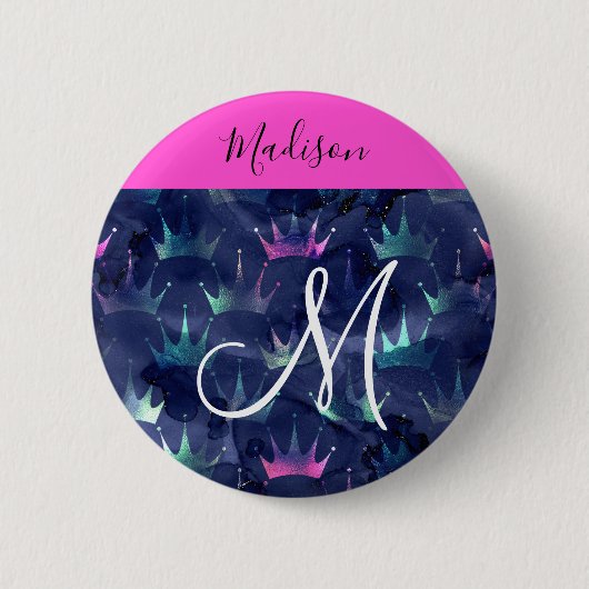 Heiß rosa Glitter Funken Meerjungfrau Kronen Monog Button (Vorderseite)