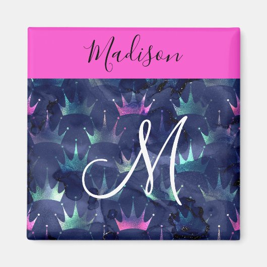 Heiß rosa Glitter Funken Meerjungfrau Kronen Monog Magnet (Vorne)