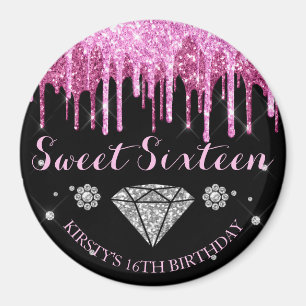 Heiß Rosa Glitter-Tropf Diamant Sweet Sixteen Magnet