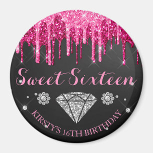 Heiß Rosa Glitter-Tropf Diamant Sweet Sixteen Magnet