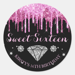 Heiß Rosa Glitter-Tropf Diamant Sweet Sixteen Runder Aufkleber
