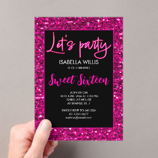 Heiß rosa Glitzern Sweet 16 Neon lasse Party Acryleinladungen