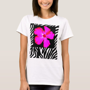 Heiß rosa Hibiskus auf Zebra Print T - Shirt