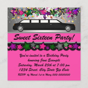 Heiß Rosa Limousine Sweet Sixteen Party Einladunge Einladung