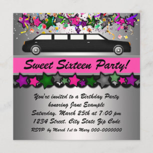 Heiß Rosa Limousine Sweet Sixteen Party Einladunge Einladung