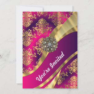 Heiß rosa Magenta und goldene Damast Einladung