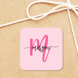 Heiß Rosa Moderne Schrift Mädchen-Monogramm Name Quadratischer Aufkleber