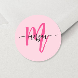 Heiß Rosa Moderne Schriftart Weibliches Monogramm  Runder Aufkleber