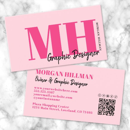 Heiß Rosa Moderner QR-Code Monogramm Visitenkarte