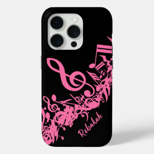 Heiß rosa Musikernotizen auf schwarz iPhone 15 Pro Hülle