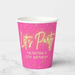 Heiß rosa Neon Glow Let's Party Glitzer Geburtstag Pappbecher