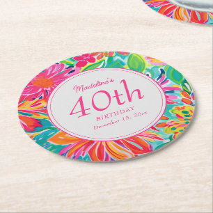 Heiß rosa orange Aquarellblumen 40. Geburtstag Runder Pappuntersetzer