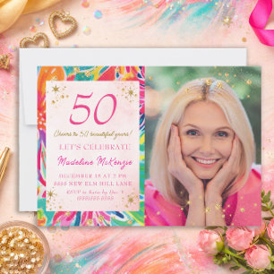 Heiß Rosa Orange Blumen Gold Glitter Foto 50. Einladung