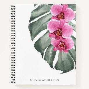 Heiß Rosa Orchideen Tropisches Aquarell Blumenmust Notizblock