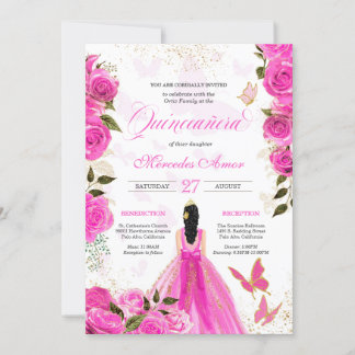 Heiß rosa Rose Butterfly Mariposa Quinceanera Rose Einladung
