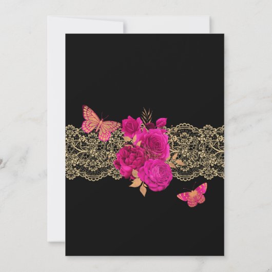 Heiß rosa Rose und Schmetterling Quinceñera Einladung (Rückseite)