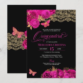 Heiß rosa Rose und Schmetterling Quinceñera Einladung