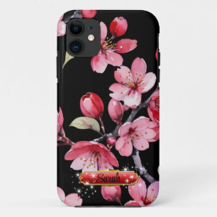 Heiß rosa rote Kirschblüten schwarzer Hintergrund Case-Mate iPhone Hülle