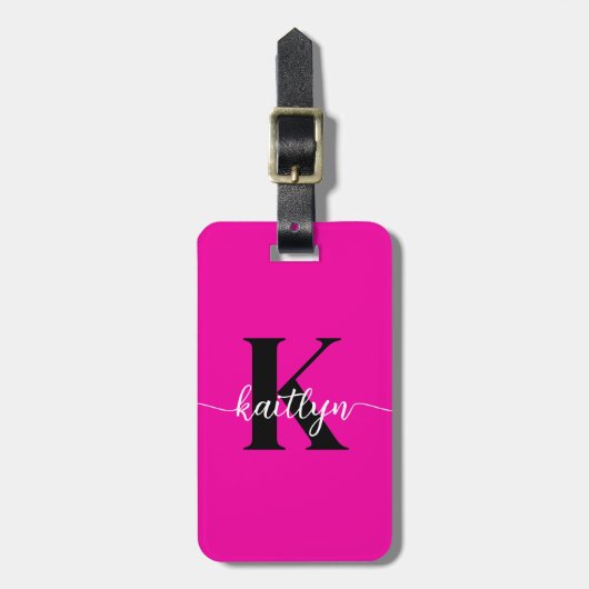 Heiß rosa Schwarz Monogramm Gepäckanhänger (Vorderseite vertikal)