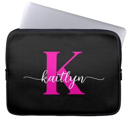 Heiß rosa Schwarz Monogramm Laptopschutzhülle (Vorderseite)