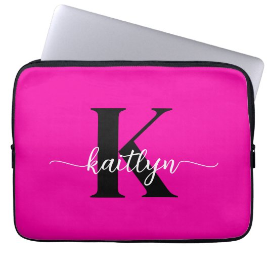 Heiß rosa Schwarz Monogramm Laptopschutzhülle (Vorderseite)