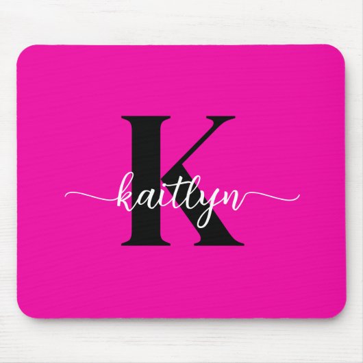 Heiß rosa Schwarz Monogramm Mousepad (Vorne)