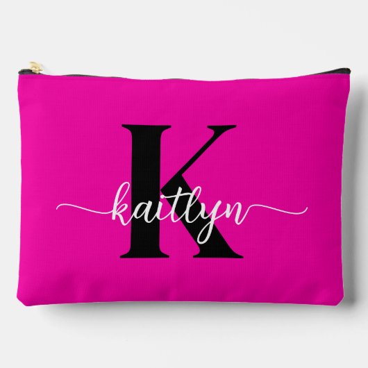 Heiß rosa Schwarz Monogramm Zubehörtasche (Vorderseite)
