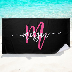 Heiß Rosa Schwarze Moderne Schrift Mädchen Monogra Strandtuch