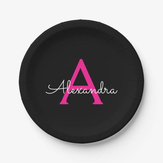 Heiß rosa schwarze Schrift Mädchen-Monogramm-Name Pappteller (Vorderseite)