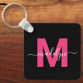 Heiß Rosa Schwarze Schrift Namensmonogramm Schlüsselanhänger (Vorderseite)