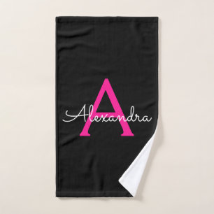 Heiß rosa schwarzes girly Schrift Monogramm Name Handtuch