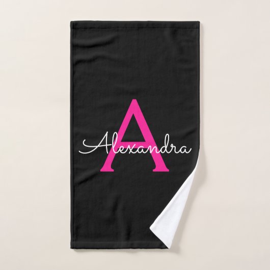 Heiß rosa schwarzes girly Schrift Monogramm Name Handtuch (Handtuch)