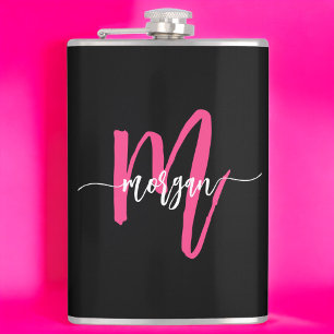 Heiß Rosa Schwarzes Monogramm Mädchen Junggesellin Flachmann