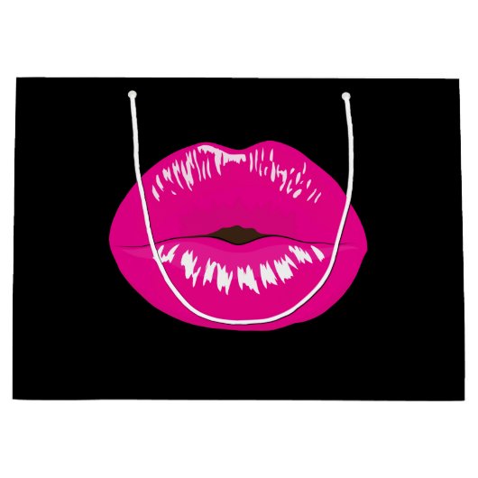Heiß rosa Shiny Lippen auf schwarz Große Geschenktüte (Vorderseite)