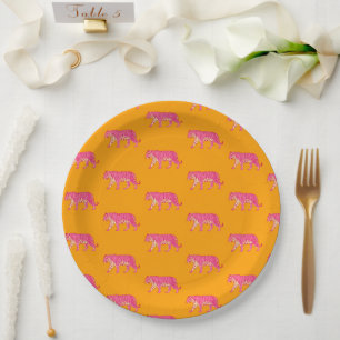 Heiß rosa Tiger auf feinem Orange Boho Muster Pappteller